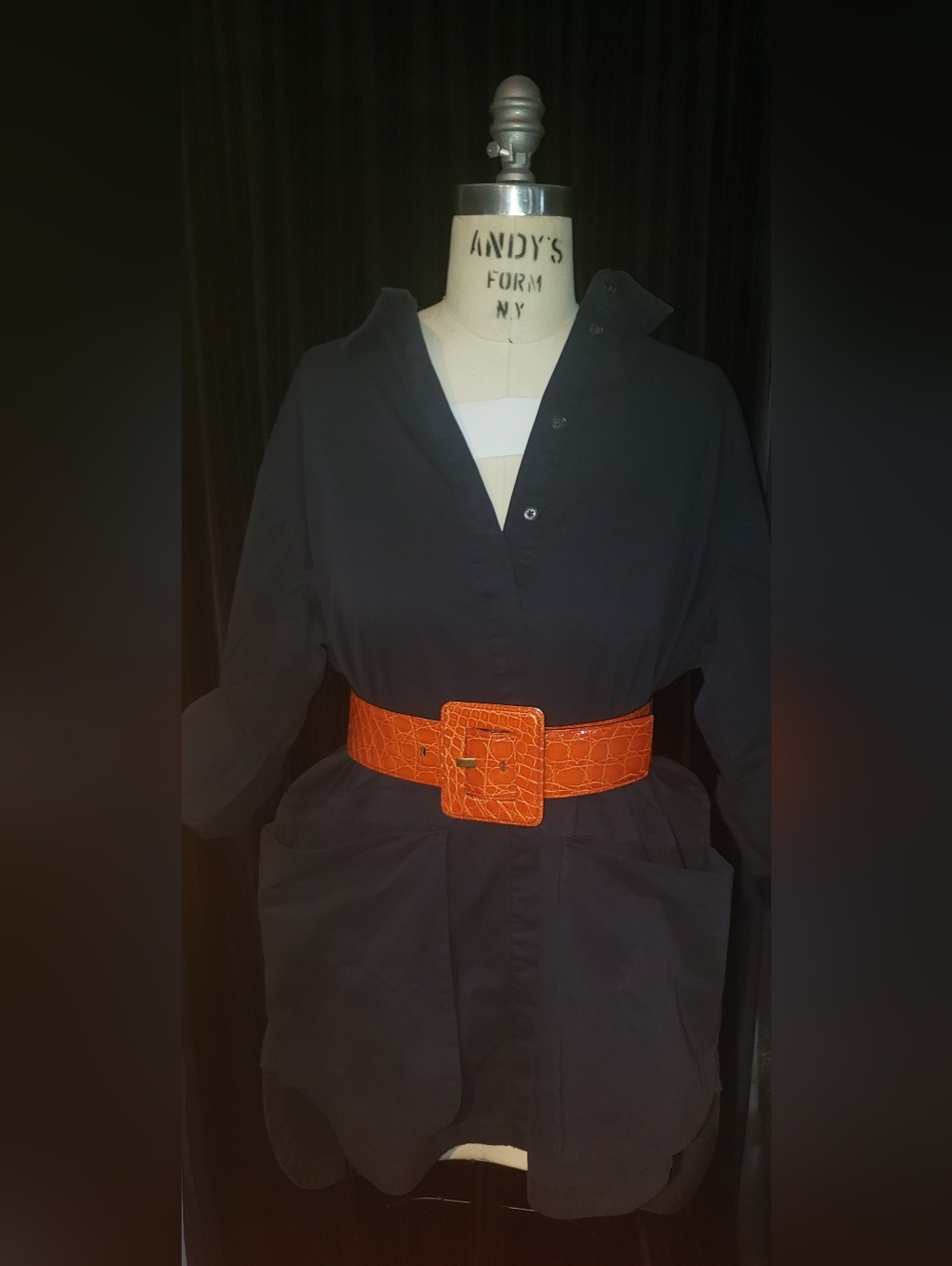 B.R. Navy Blue 100% Cotton Twill Safari High Low Huge Cargo Pockets Shirt Dress